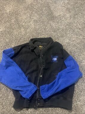 90s Black Denim Jacket with Blue Sleeves.